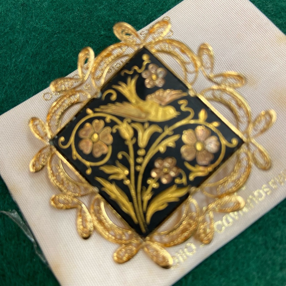Vintage Gold and Black Brooch with Floral Design. Toledo, Spain